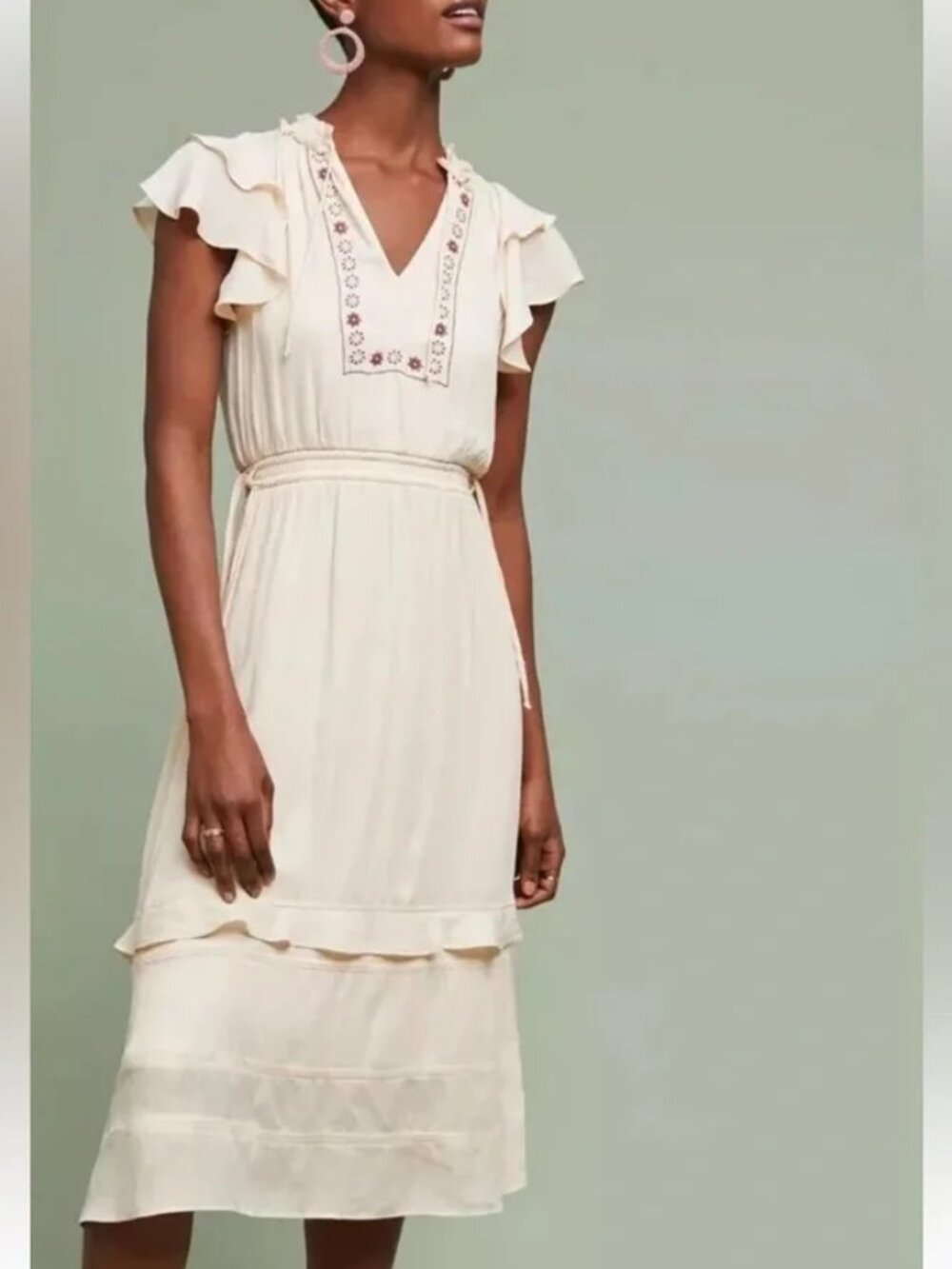 Dolan Mia Anthropologie Corded Tassle Dress Cream embroidered tunic peasant XS